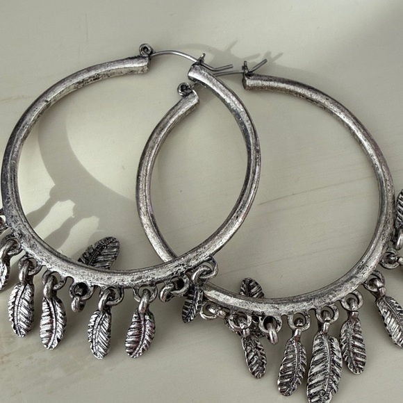 Jewelry - Silver Hoop Earrings with Leaf Charms